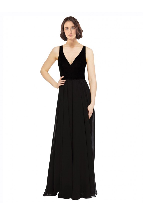 Schwarz A-Linien V-Ausschnitt Chiffon Samt Lange Brautjungfernkleider / Abiballkleider Ausverkauf