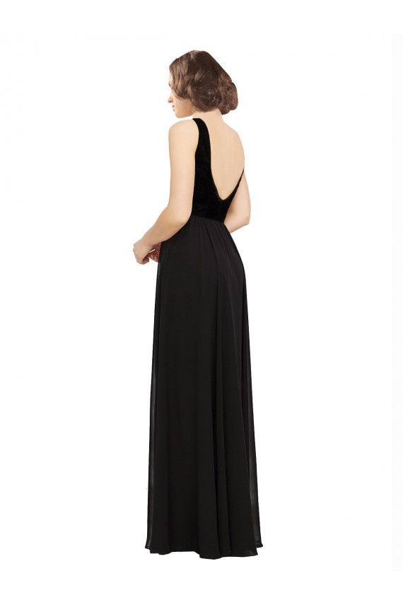 Schwarz A-Linien V-Ausschnitt Chiffon Samt Lange Brautjungfernkleider / Abiballkleider Ausverkauf