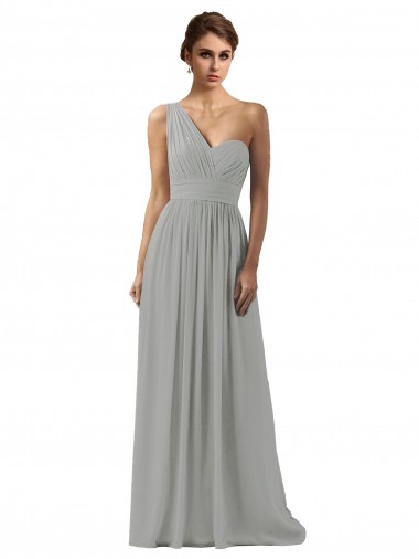 Silber A-Linien Eine-Schulter Chiffon Lange Brautjungfernkleider Ausverkauf