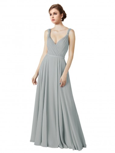 Silber A-Linien V-Ausschnitt Chiffon Lange Brautjungfernkleider Ausverkauf