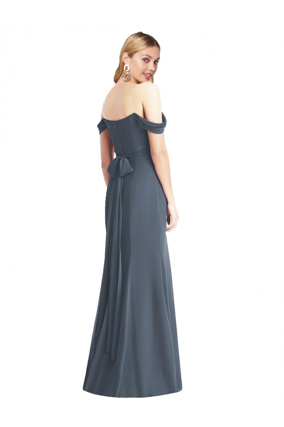 Silberner Stein Trompete Off-Schulter Chiffon Lange Brautjungfernkleider Ausverkauf