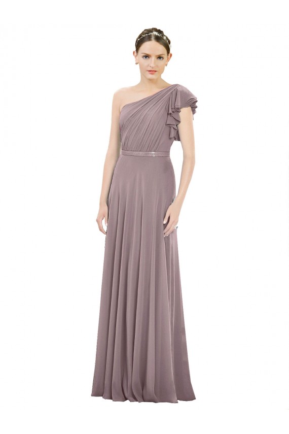 Staubige Rose A-Linien Eine-Schulter Chiffon Lange Brautjungfernkleider Ausverkauf