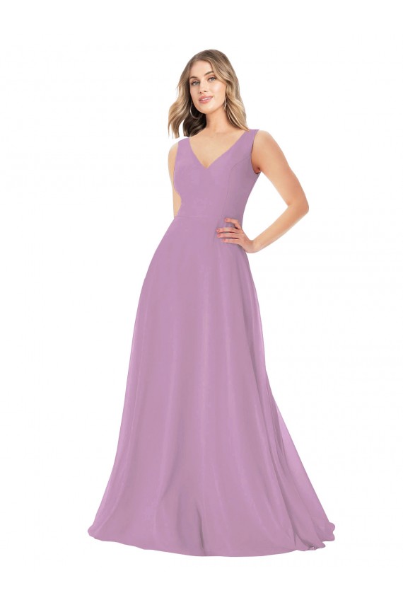 Staubiger Lavendel A-Linien V-Ausschnitt Chiffon Lange Brautjungfernkleider Ausverkauf