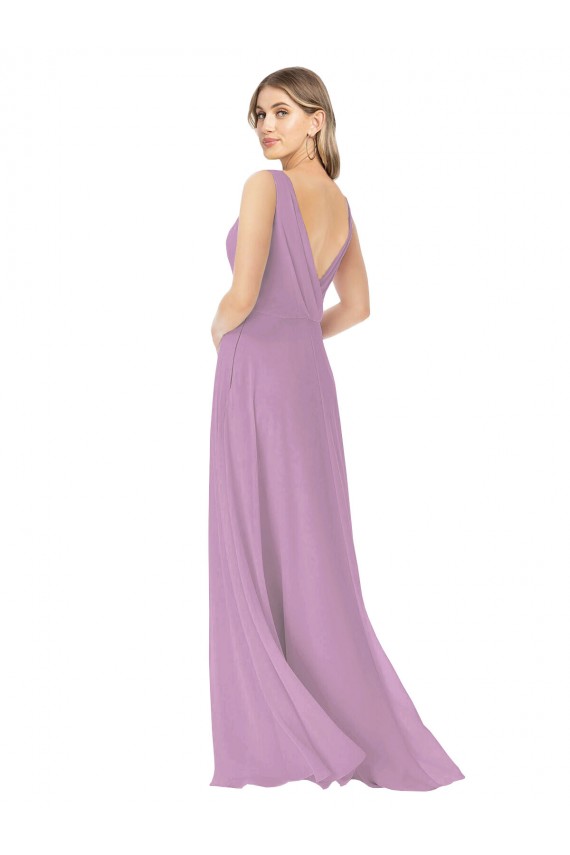 Staubiger Lavendel A-Linien V-Ausschnitt Chiffon Lange Brautjungfernkleider Ausverkauf