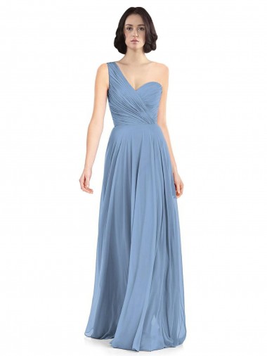Staubiges Blau A-Linien Eine-Schulter Chiffon Lange Brautjungfernkleider Ausverkauf