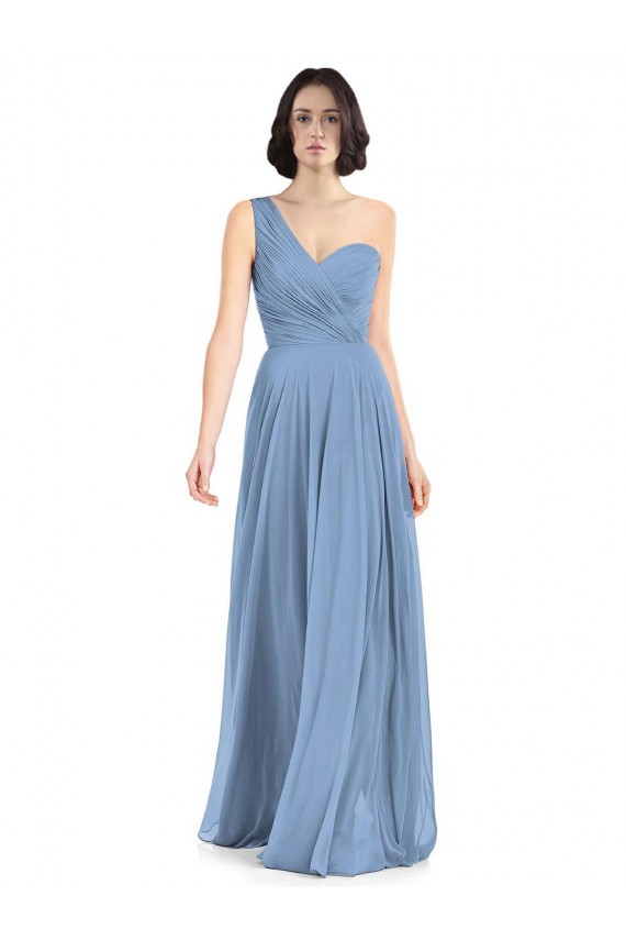 Staubiges Blau A-Linien Eine-Schulter Chiffon Lange Brautjungfernkleider Ausverkauf