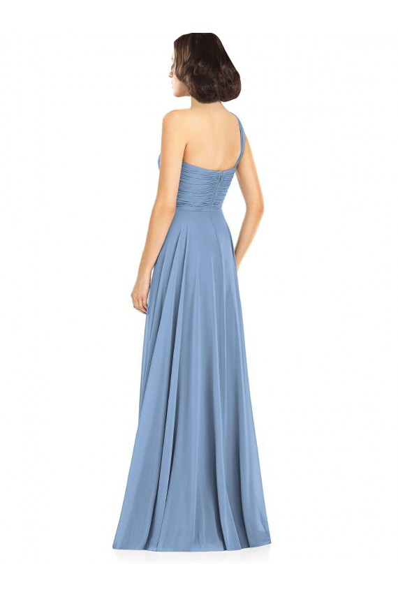 Staubiges Blau A-Linien Eine-Schulter Chiffon Lange Brautjungfernkleider Ausverkauf
