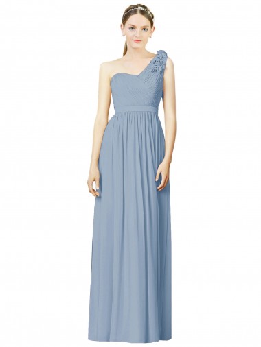 Staubiges Blau A-Linien Eine-Schulter Chiffon Lange Brautjungfernkleider Ausverkauf