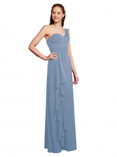 Staubiges Blau A-Linien Eine-Schulter Chiffon Lange Brautjungfernkleider Ausverkauf