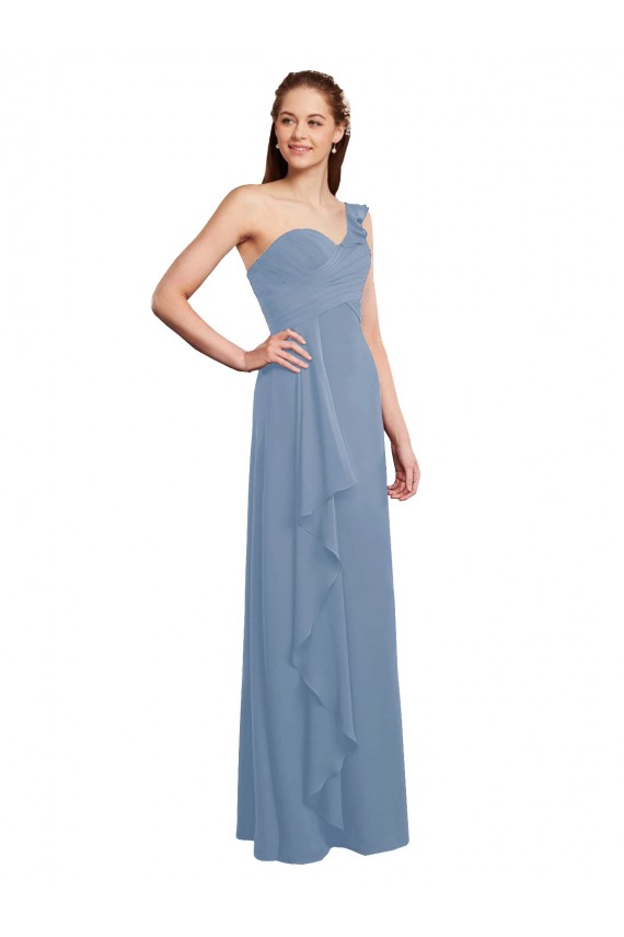 Staubiges Blau A-Linien Eine-Schulter Chiffon Lange Brautjungfernkleider Ausverkauf
