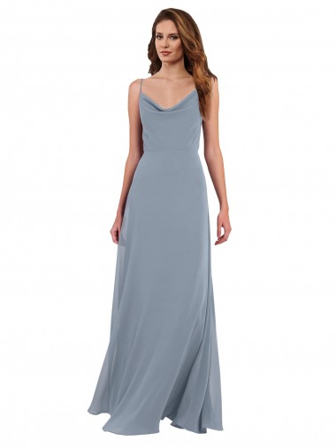 Staubiges Blau A-Linien Haube Ausschnitt Chiffon Lange Brautjungfernkleider Ausverkauf