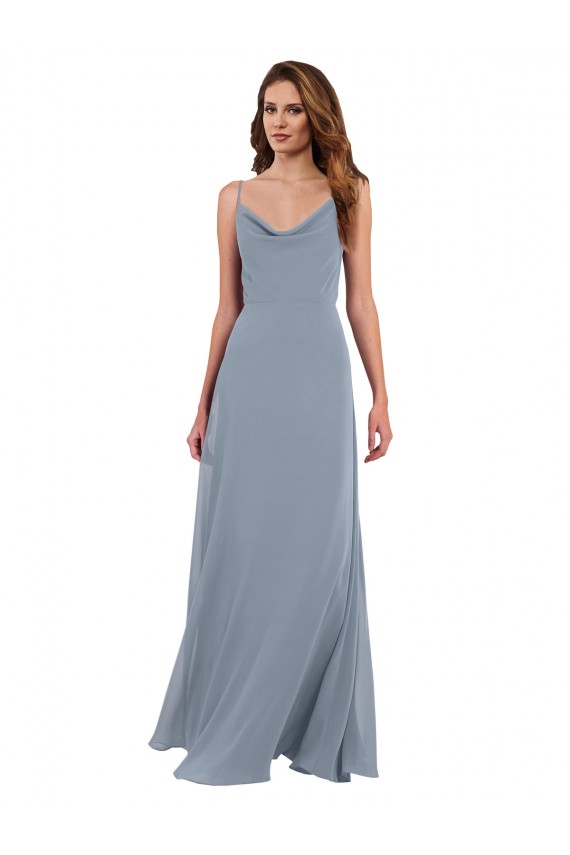 Staubiges Blau A-Linien Haube Ausschnitt Chiffon Lange Brautjungfernkleider Ausverkauf