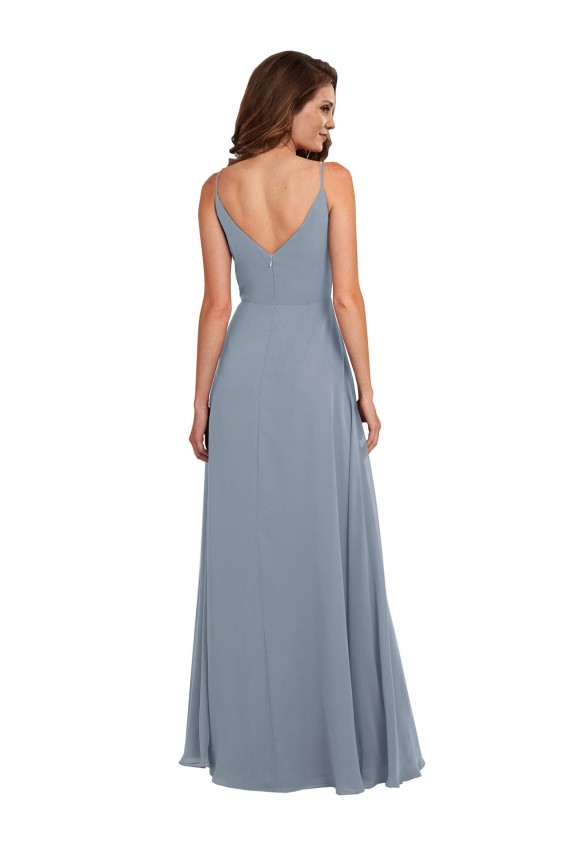 Staubiges Blau A-Linien Haube Ausschnitt Chiffon Lange Brautjungfernkleider Ausverkauf