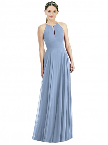 Staubiges Blau A-Linien Neckholder Chiffon Lange Brautjungfernkleider Ausverkauf