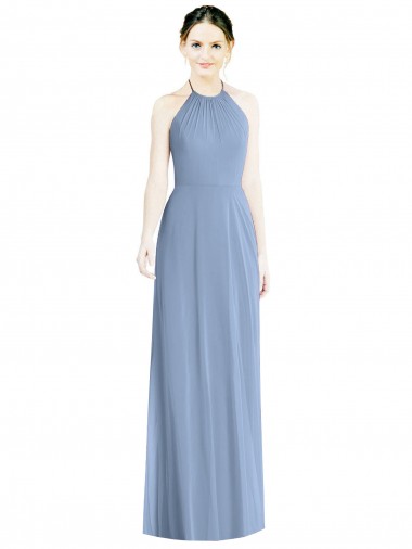 Staubiges Blau A-Linien Neckholder Chiffon Lange Brautjungfernkleider Ausverkauf