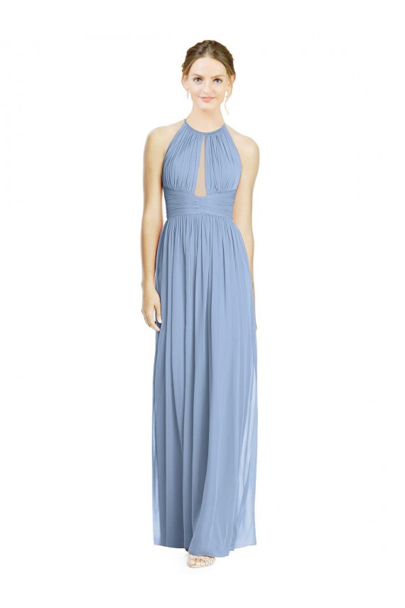 Staubiges Blau A-Linien Neckholder Chiffon Lange Brautjungfernkleider Ausverkauf