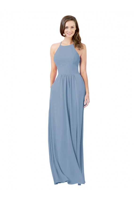 Staubiges Blau A-Linien Neckholder Chiffon Lange Brautjungfernkleider Ausverkauf