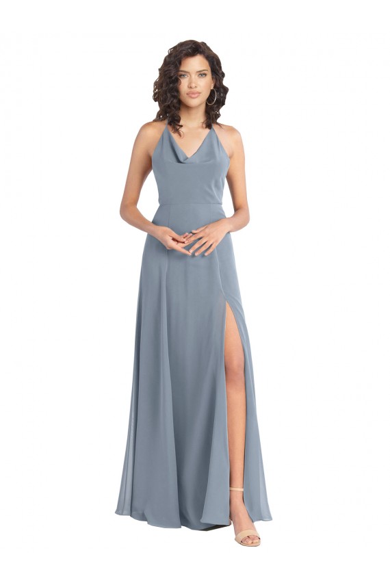 Staubiges Blau A-Linien Neckholder Haube Ausschnitt Chiffon Lange Brautjungfernkleider Ausverkauf