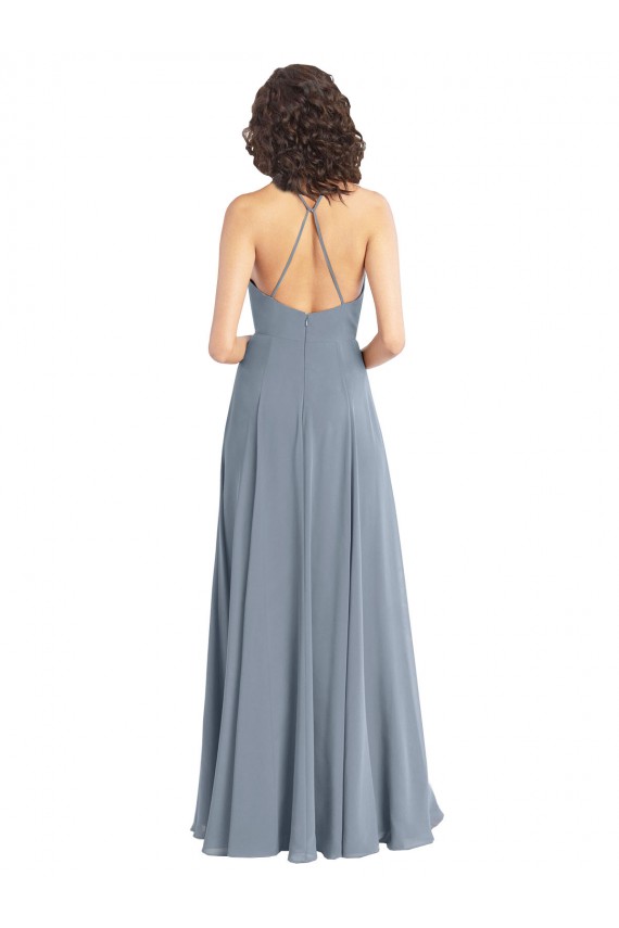 Staubiges Blau A-Linien Neckholder Haube Ausschnitt Chiffon Lange Brautjungfernkleider Ausverkauf