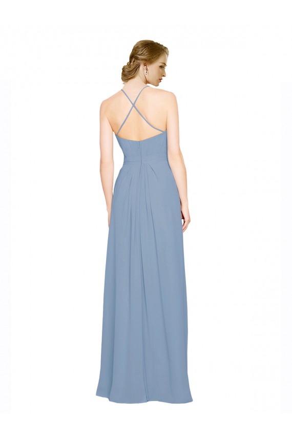 Staubiges Blau A-Linien Neckholder Stehkragen Ausschnitt Chiffon Lange Brautjungfernkleider Ausverkauf