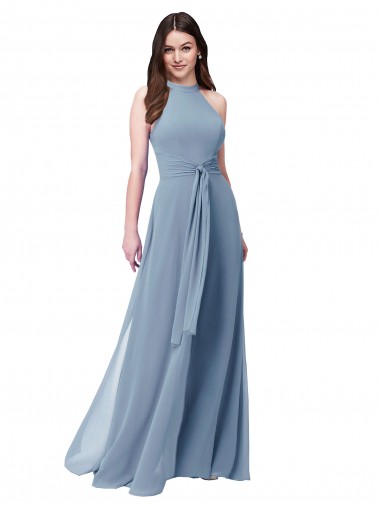 Staubiges Blau A-Linien Neckholder Stehkragen Ausschnitt Chiffon Lange Brautjungfernkleider Ausverkauf