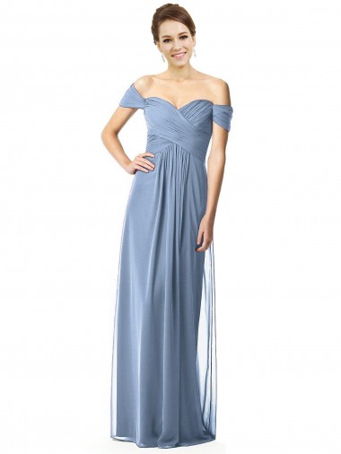 Staubiges Blau A-Linien Off-Schulter Chiffon Lange Brautjungfernkleider Ausverkauf