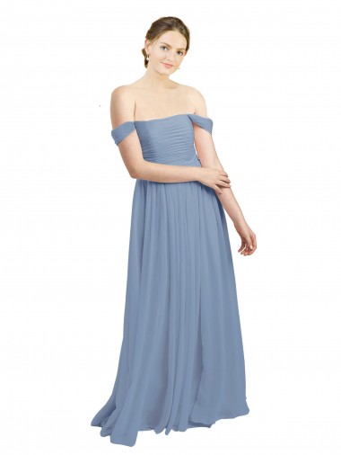 Staubiges Blau A-Linien Off-Schulter Chiffon Lange Brautjungfernkleider Ausverkauf
