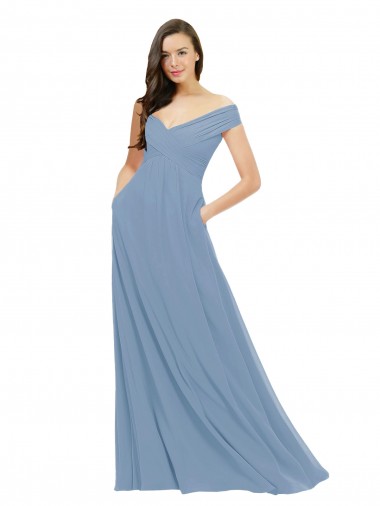 Staubiges Blau A-Linien Off-Schulter Chiffon Lange Brautjungfernkleider Ausverkauf