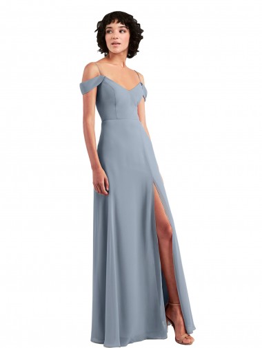 Staubiges Blau A-Linien Off-Schulter Spaghetti-Träger Chiffon Lange Brautjungfernkleider Ausverkauf