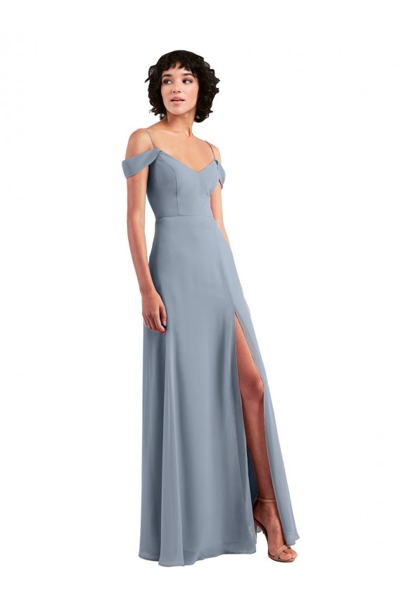 Staubiges Blau A-Linien Off-Schulter Spaghetti-Träger Chiffon Lange Brautjungfernkleider Ausverkauf
