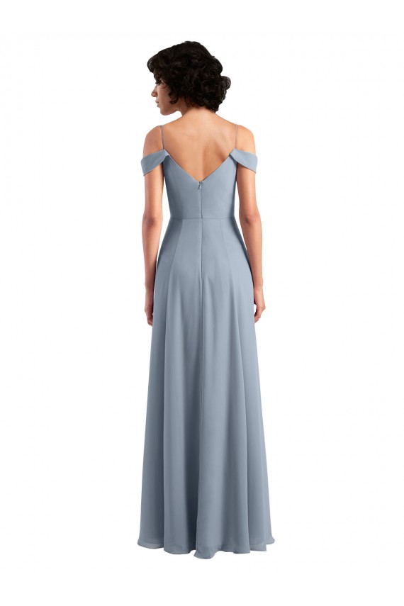 Staubiges Blau A-Linien Off-Schulter Spaghetti-Träger Chiffon Lange Brautjungfernkleider Ausverkauf