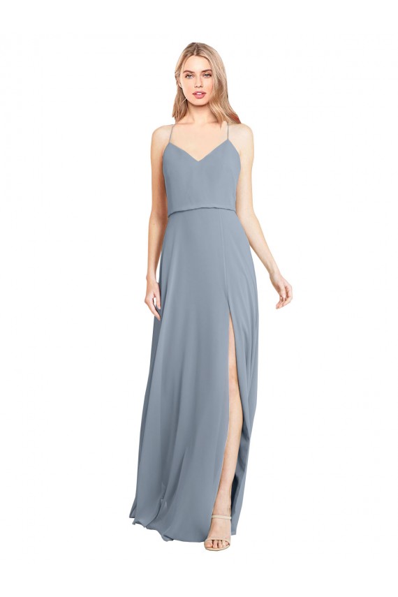 Staubiges Blau A-Linien Off-Schulter Spaghetti-Träger Chiffon Lange Brautjungfernkleider Ausverkauf