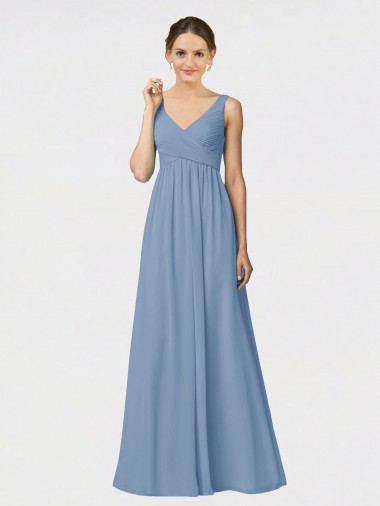 Staubiges Blau A-Linien Spaghetti-Träger Chiffon Lange Brautjungfernkleider Ausverkauf