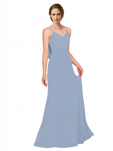 Staubiges Blau A-Linien Spaghetti-Träger Chiffon Lange Brautjungfernkleider Ausverkauf