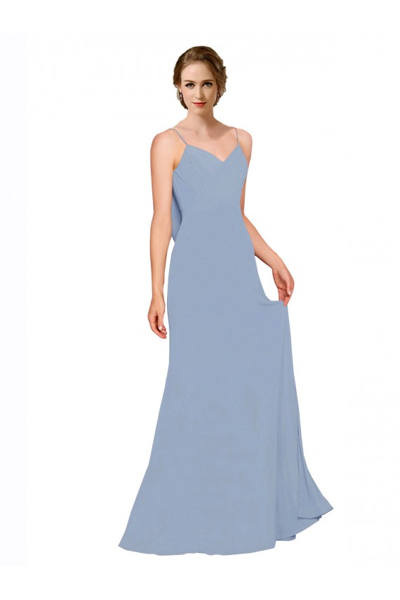 Staubiges Blau A-Linien Spaghetti-Träger Chiffon Lange Brautjungfernkleider Ausverkauf