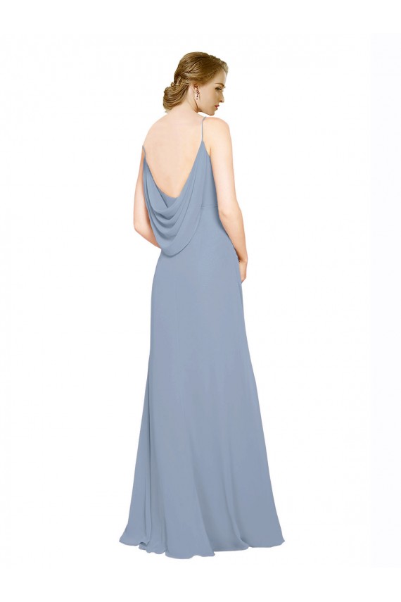 Staubiges Blau A-Linien Spaghetti-Träger Chiffon Lange Brautjungfernkleider Ausverkauf