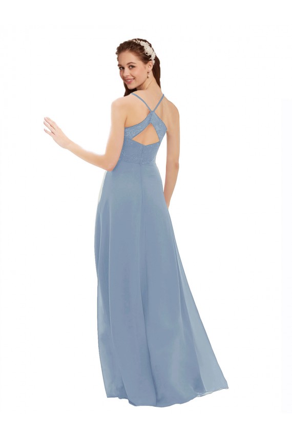 Staubiges Blau A-Linien Spaghetti-Träger V-Ausschnitt Chiffon Spitze Lange Brautjungfernkleider Ausverkauf