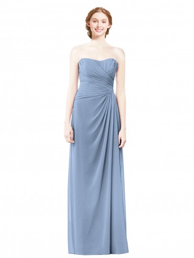 Staubiges Blau A-Linien Trägerlos Chiffon Lange Brautjungfernkleider Ausverkauf