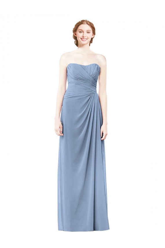 Staubiges Blau A-Linien Trägerlos Chiffon Lange Brautjungfernkleider Ausverkauf