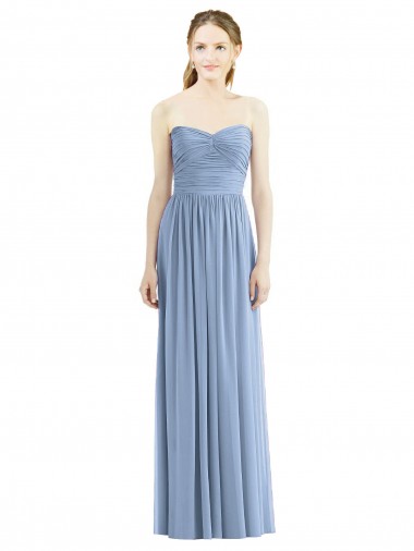 Staubiges Blau A-Linien Trägerlos Chiffon Lange Brautjungfernkleider Ausverkauf