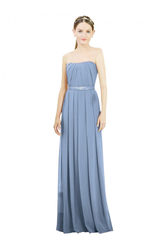 Staubiges Blau A-Linien Trägerlos Chiffon Lange Brautjungfernkleider Ausverkauf