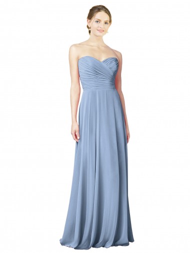 Staubiges Blau A-Linien Trägerlos Chiffon Lange Brautjungfernkleider Ausverkauf