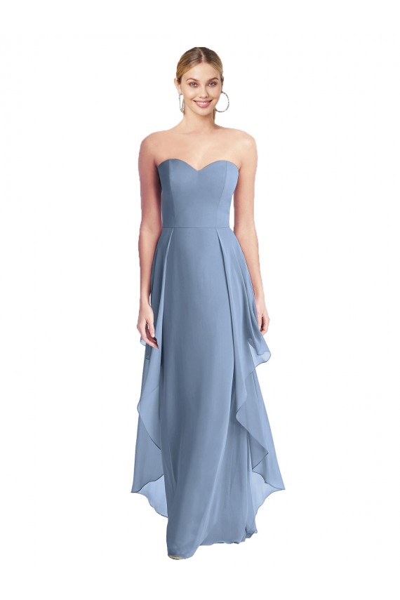 Staubiges Blau A-Linien Trägerlos Chiffon Lange Brautjungfernkleider Ausverkauf