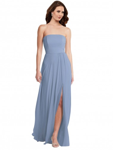 Staubiges Blau A-Linien Trägerlos Chiffon Lange Brautjungfernkleider Ausverkauf