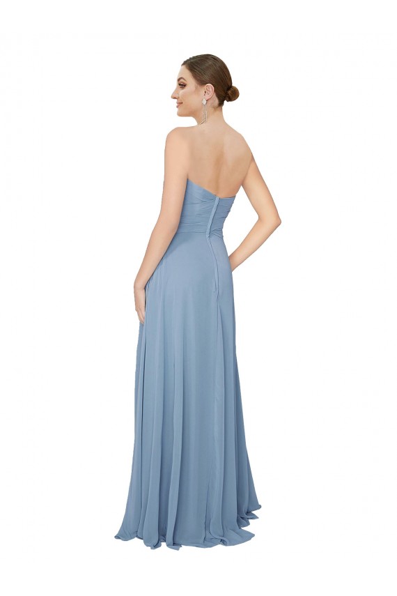 Staubiges Blau A-Linien Trägerlos Chiffon Lange Brautjungfernkleider Ausverkauf