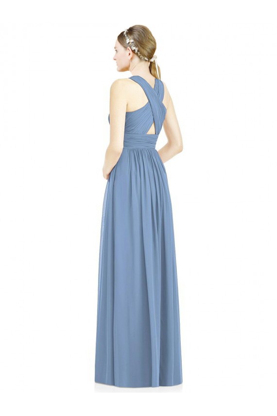 Staubiges Blau A-Linien V-Ausschnitt Chiffon Lange Brautjungfernkleider Ausverkauf