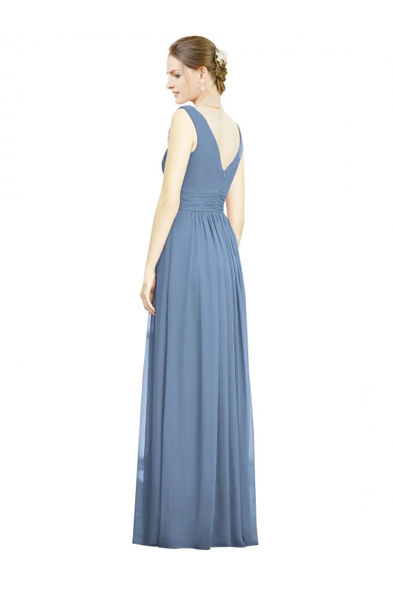 Staubiges Blau A-Linien V-Ausschnitt Chiffon Lange Brautjungfernkleider Ausverkauf