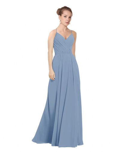 Staubiges Blau A-Linien V-Ausschnitt Chiffon Lange Brautjungfernkleider Ausverkauf