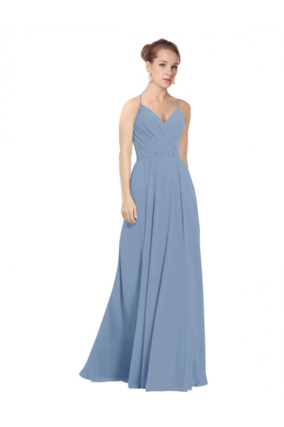 Staubiges Blau A-Linien V-Ausschnitt Chiffon Lange Brautjungfernkleider Ausverkauf