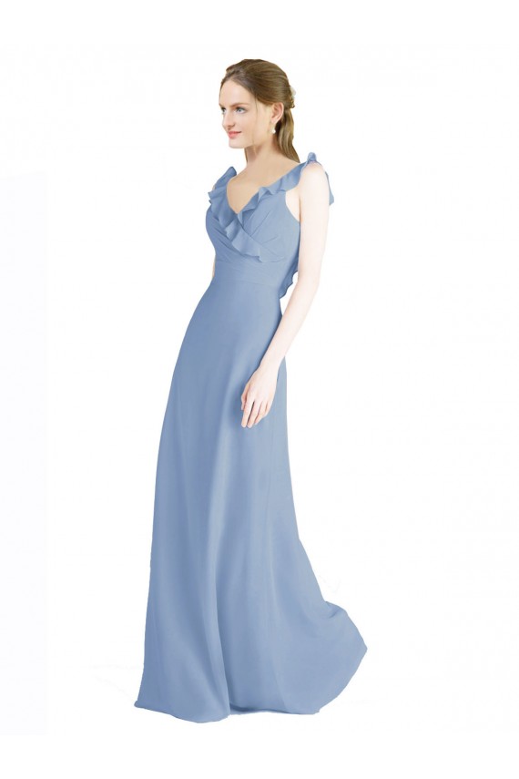 Staubiges Blau A-Linien V-Ausschnitt Chiffon Lange Brautjungfernkleider Ausverkauf